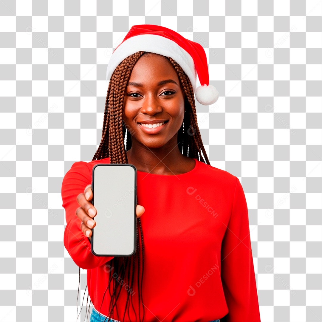 Mulher de Gorro Natalino Segurando Celular PNG Transparente