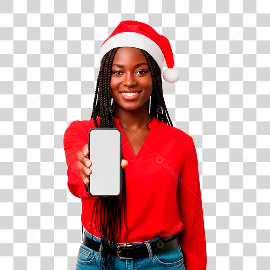 Mulher de Gorro Natalino Segurando Celular PNG Transparente