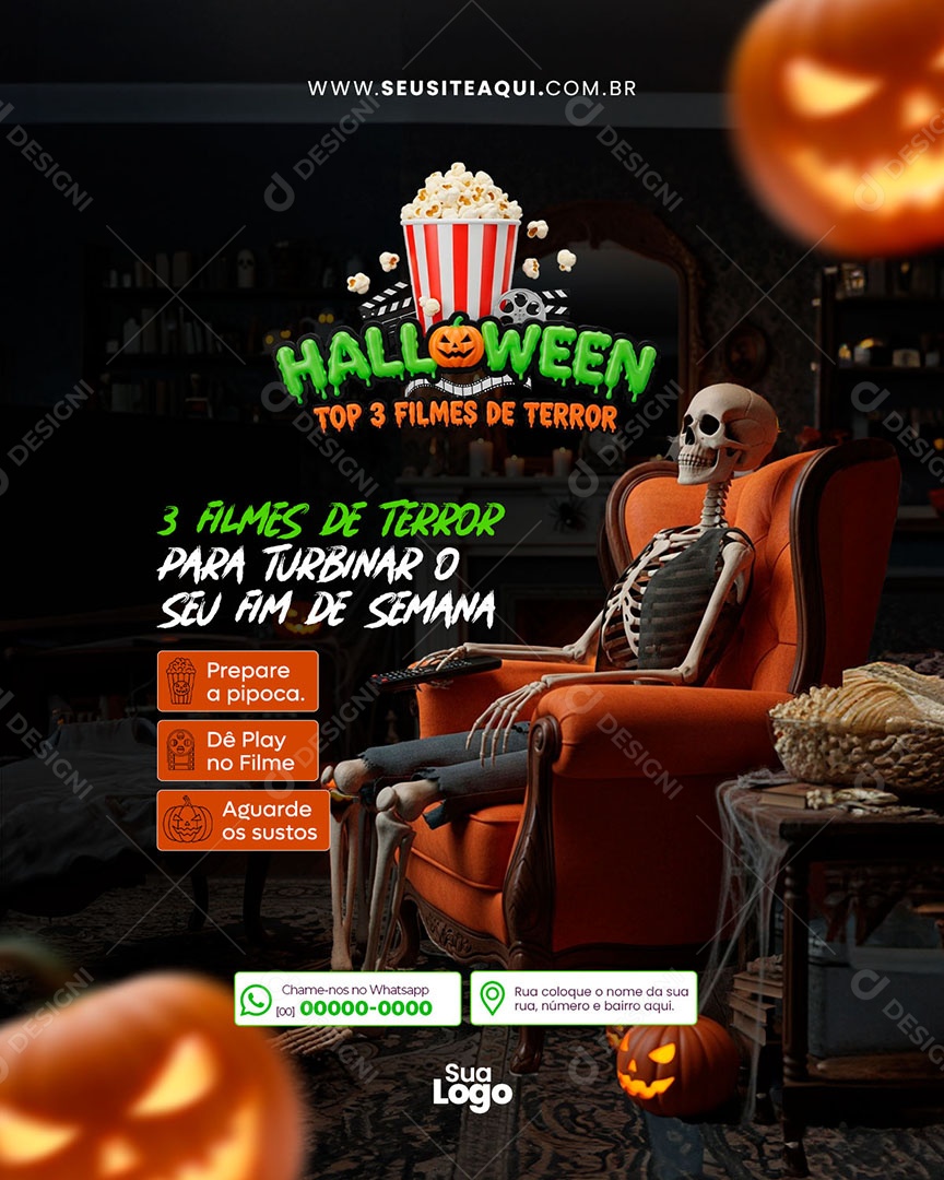 Feed Halloween Dia das Bruxas 3 Filmes de Terror Social Media PSD Editável