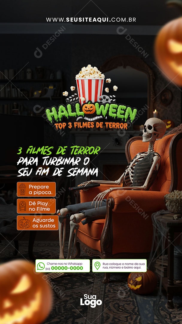 Story Halloween Dia das Bruxas 3 Filmes de Terror Social Media PSD Editável