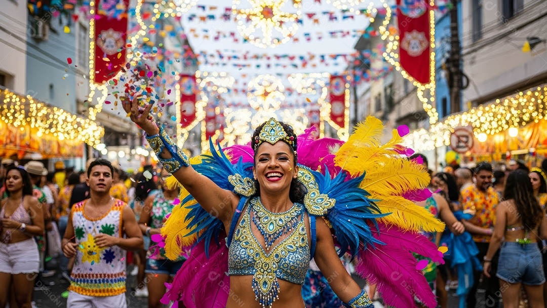 Um desfile de pessoas com trajes coloridos sob festival de carnaval.