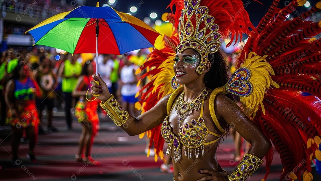 Um desfile de pessoas com trajes coloridos sob festival de carnaval.