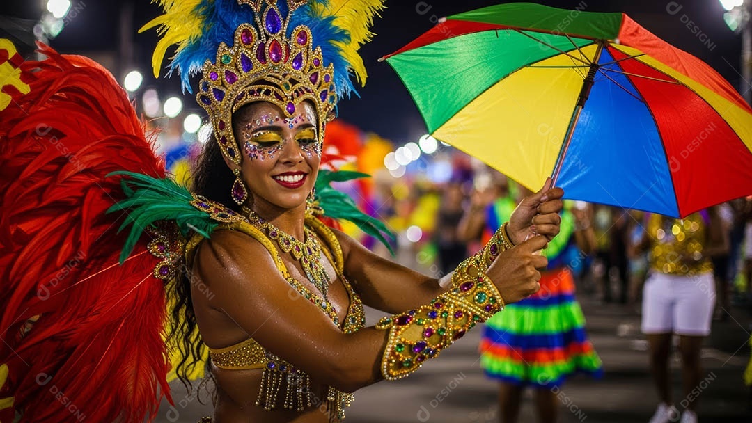 Um desfile de pessoas com trajes coloridos sob festival de carnaval.