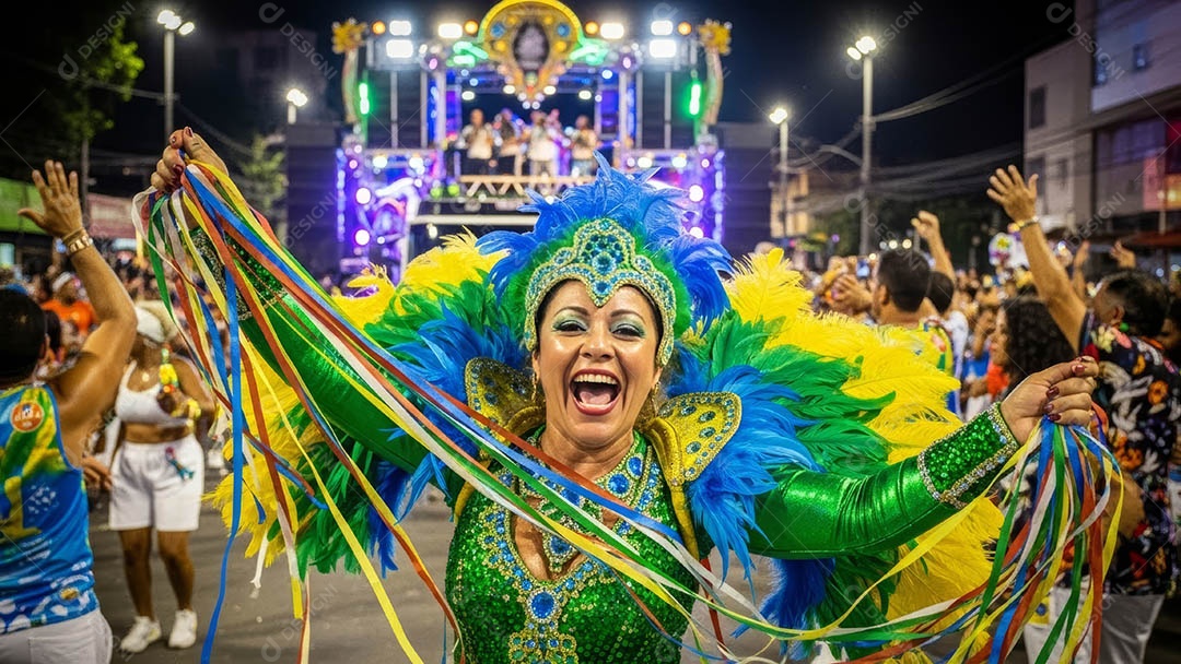 Um desfile de pessoas com trajes coloridos sob festival de carnaval.
