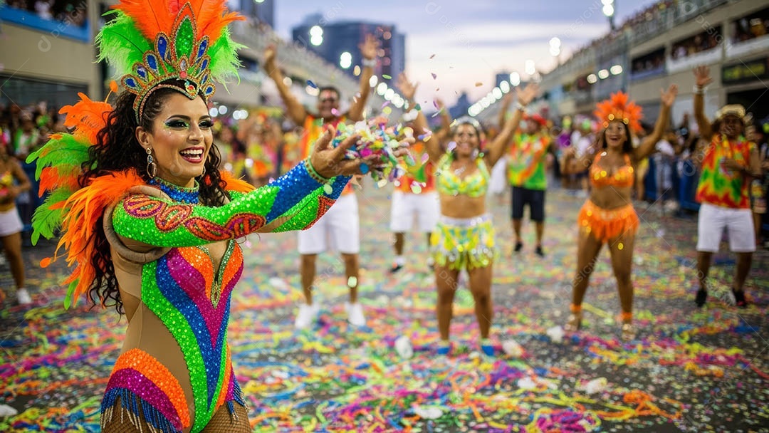 Um desfile de pessoas com trajes coloridos sob festival de carnaval.