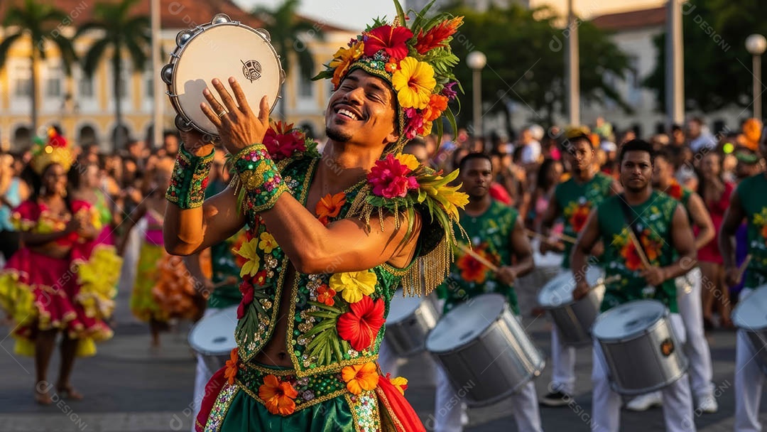 Um desfile de pessoas com trajes coloridos sob festival de carnaval.