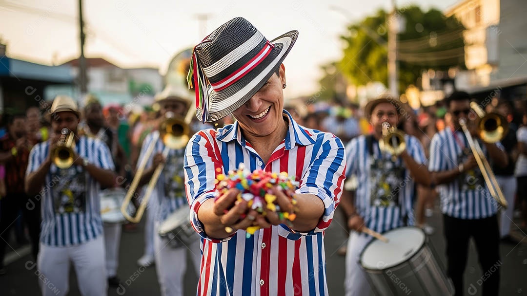Um desfile de pessoas com trajes coloridos sob festival de carnaval.