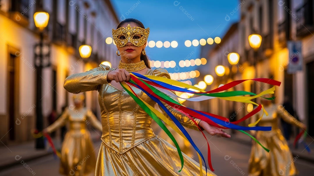 Um desfile de pessoas com trajes coloridos sob festival de carnaval.