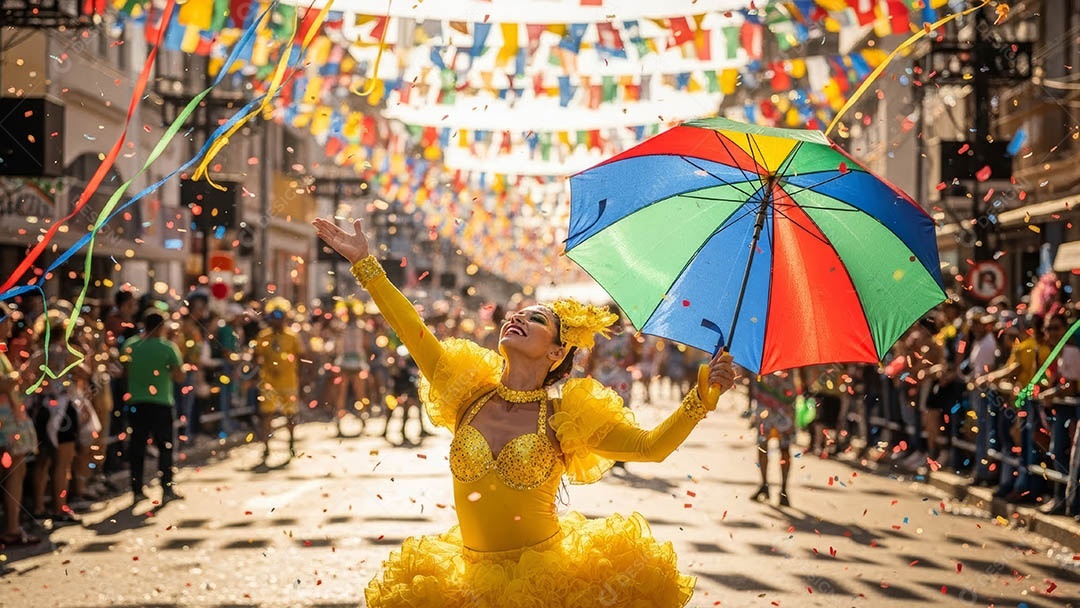 Um desfile de pessoas com trajes coloridos sob festival de carnaval.