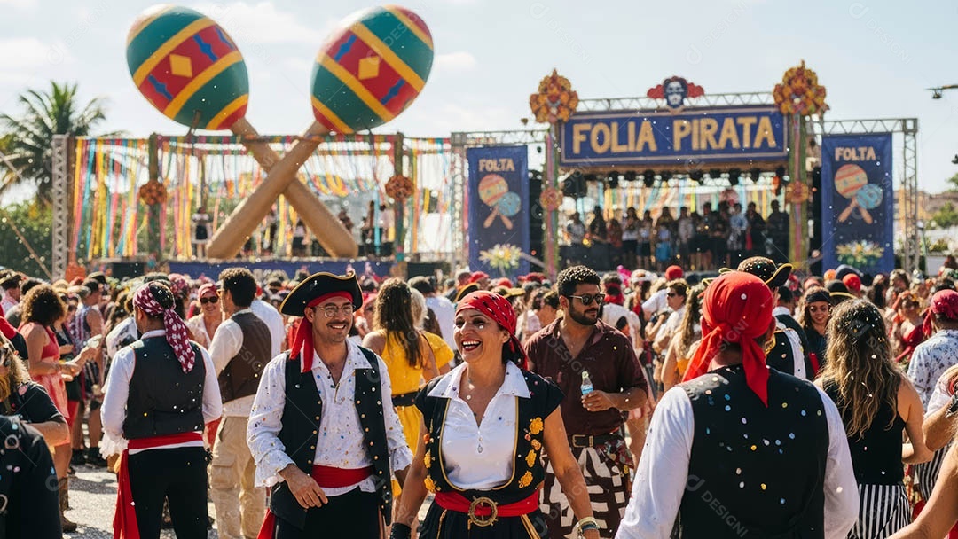 Um desfile de pessoas com trajes sob festival de piratas.