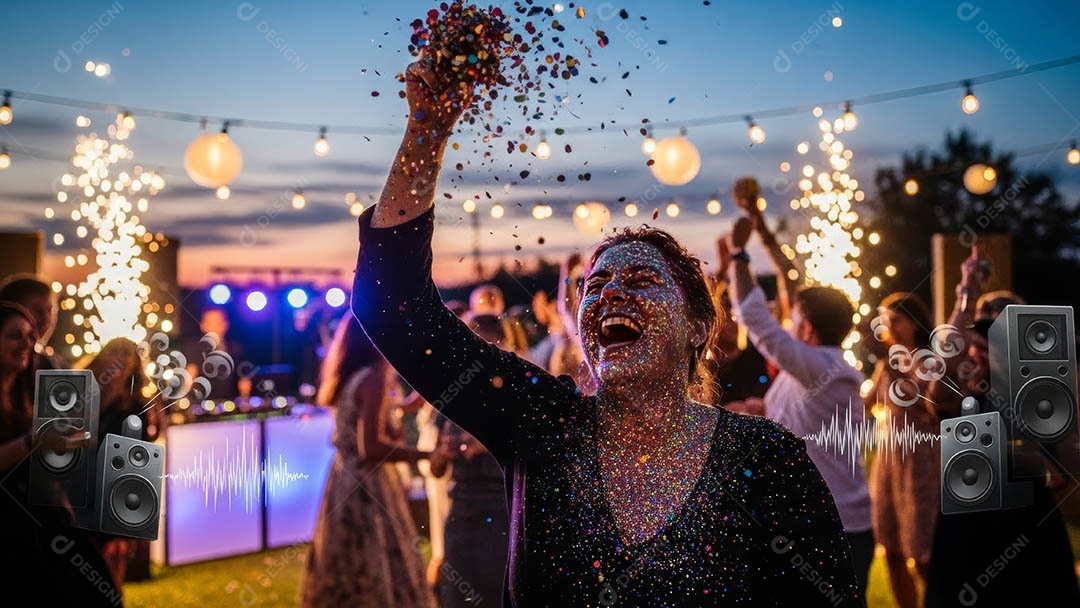 Pessoas em um festival celebrando com confetes e fogos de artifício sparklers ao fundo.