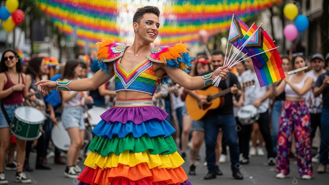 Um desfile de pessoas com trajes coloridos sob festival de carnaval.