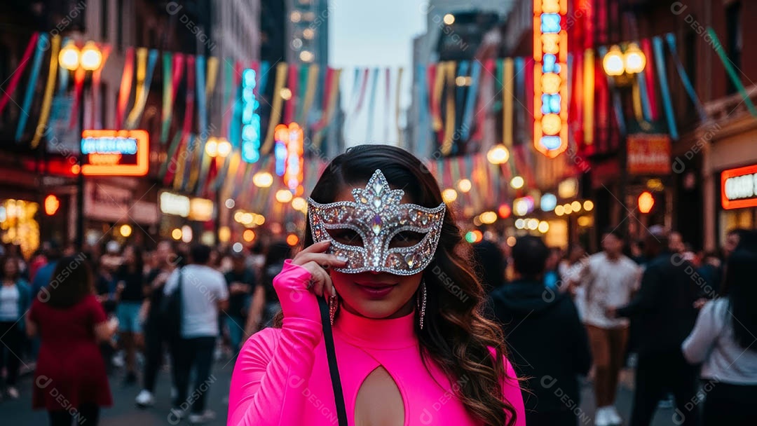 Um desfile de pessoas com trajes coloridos sob festival de carnaval.