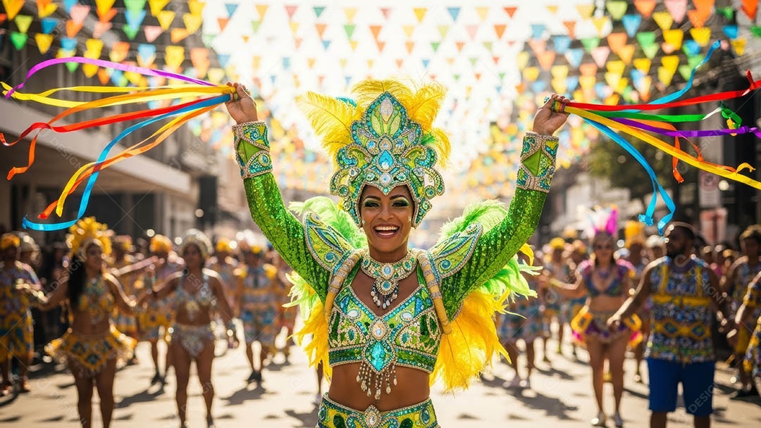 Um desfile de pessoas com trajes coloridos sob festival de carnaval.