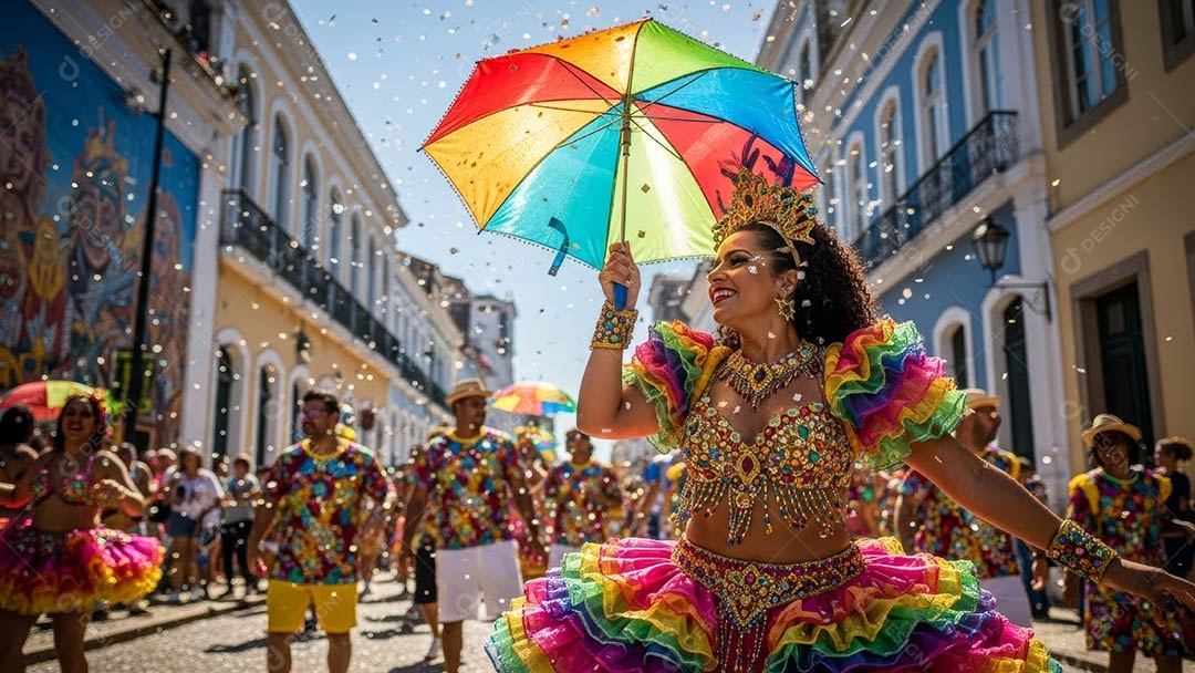 Um desfile de pessoas com trajes coloridos sob festival de carnaval.