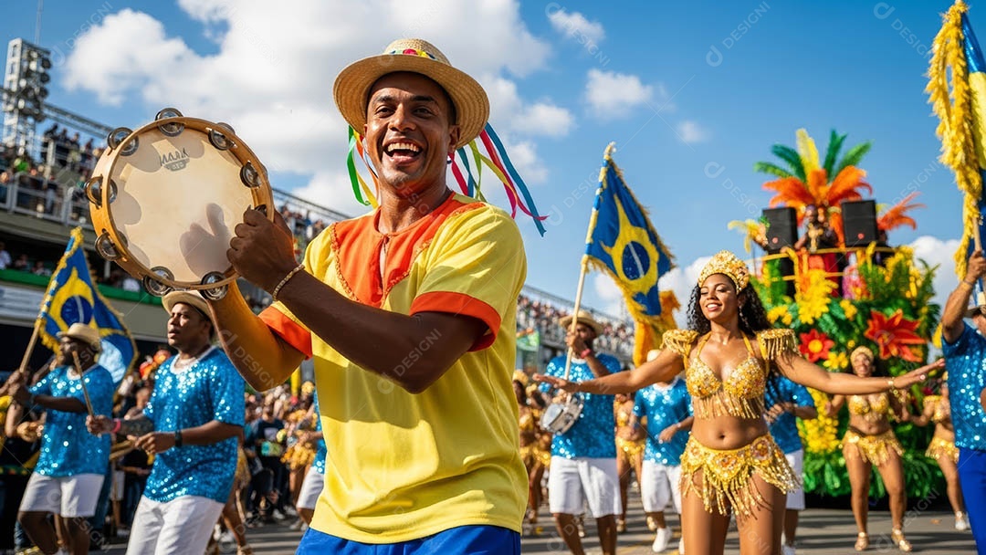 Um desfile de pessoas com trajes coloridos sob festival de carnaval.