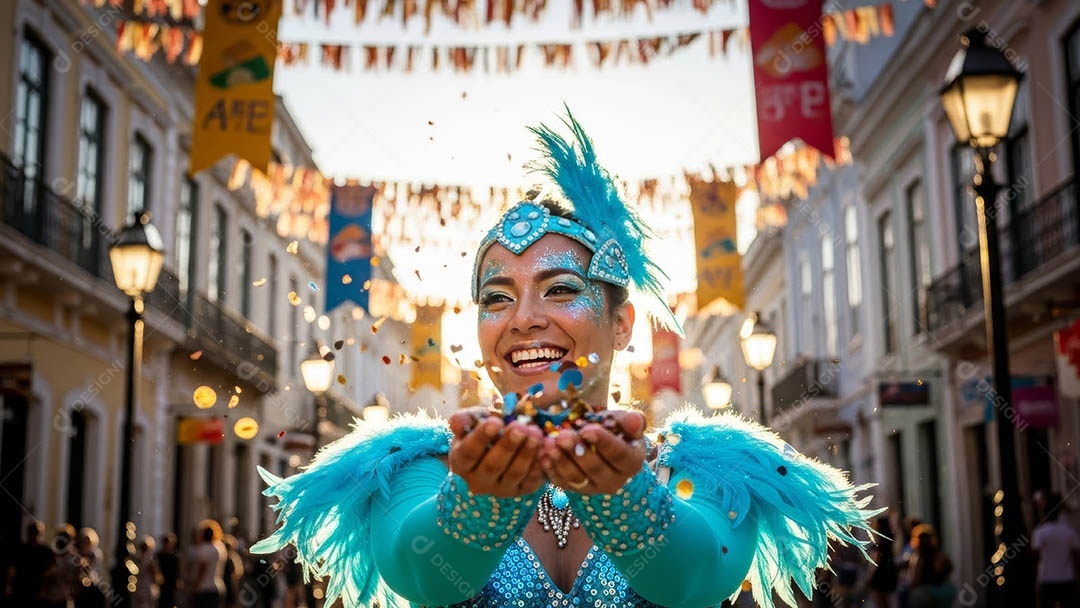 Um desfile de pessoas com trajes coloridos sob festival de carnaval.