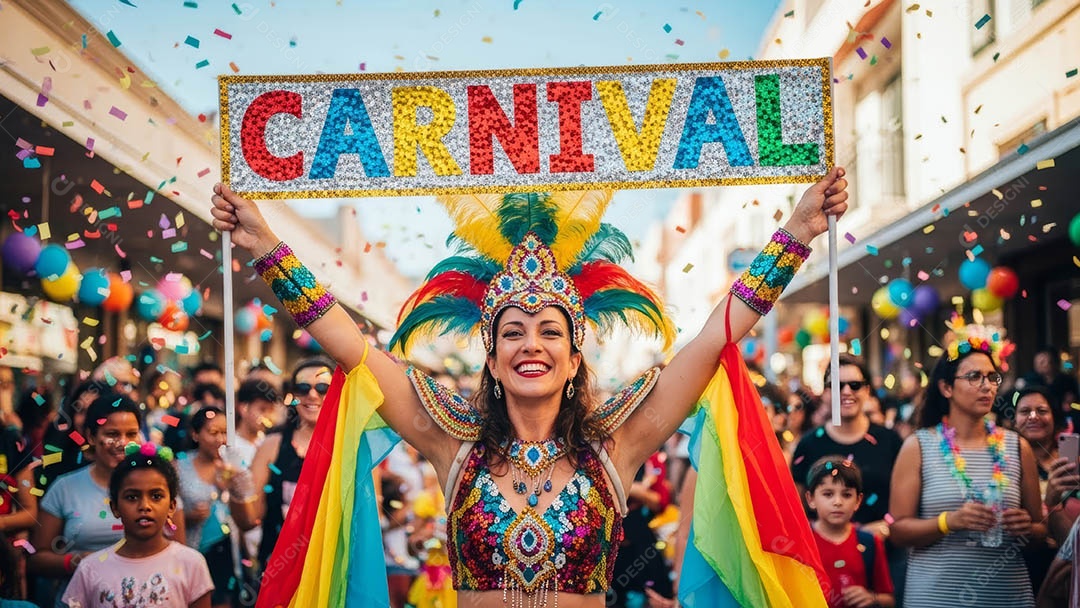 Um desfile de pessoas com trajes coloridos sob festival de carnaval.