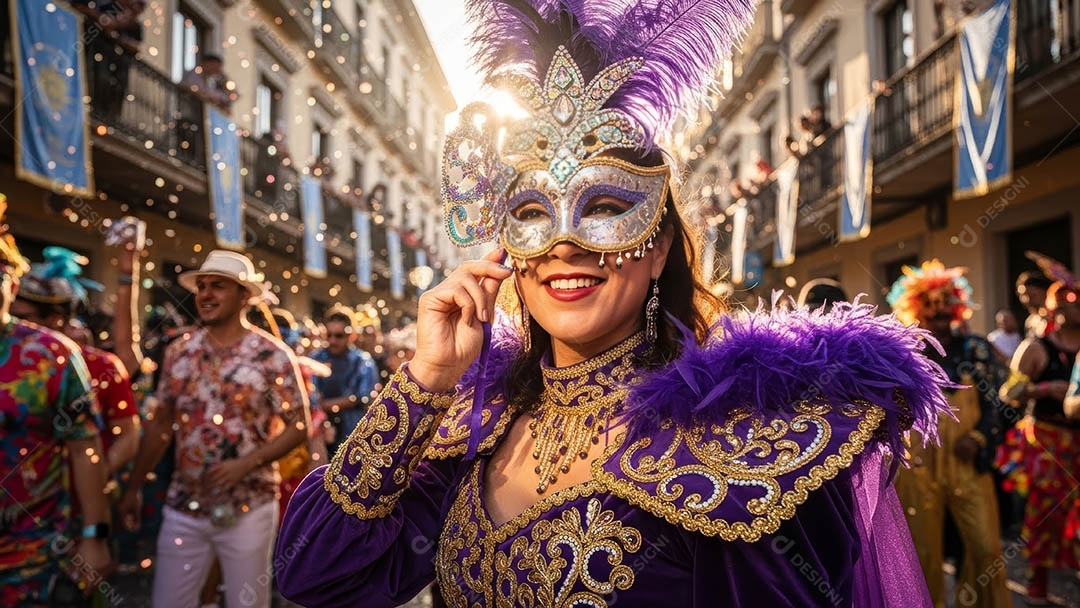 Um desfile de pessoas com trajes coloridos sob festival de carnaval.
