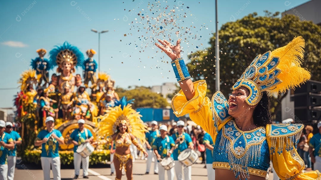 Um desfile de pessoas com trajes coloridos sob festival de carnaval.