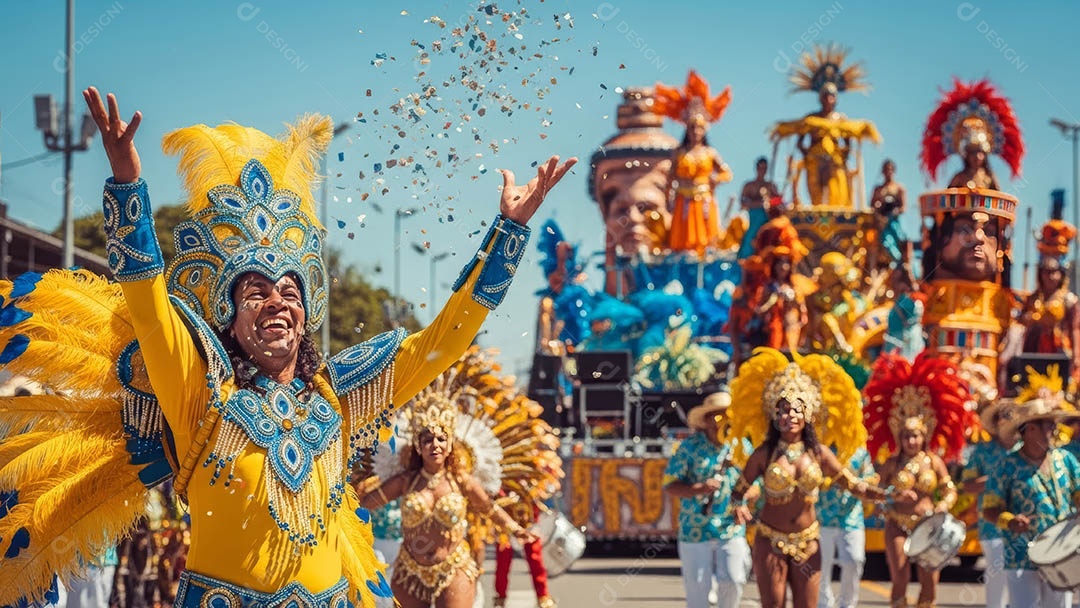 Um desfile de pessoas com trajes coloridos sob festival de carnaval.