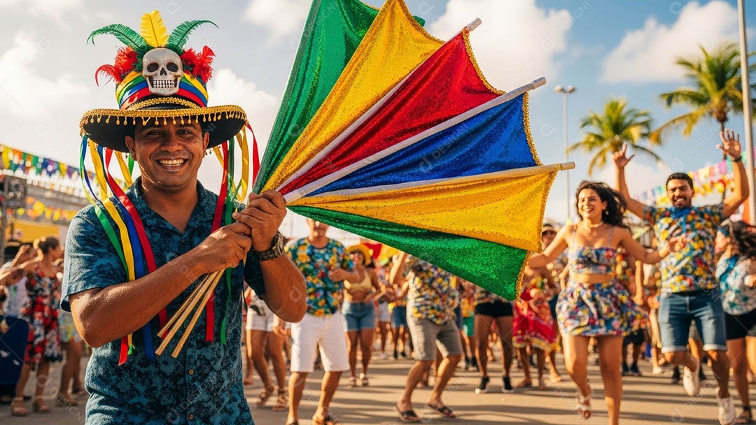 Um desfile de pessoas com trajes coloridos sob festival de carnaval.