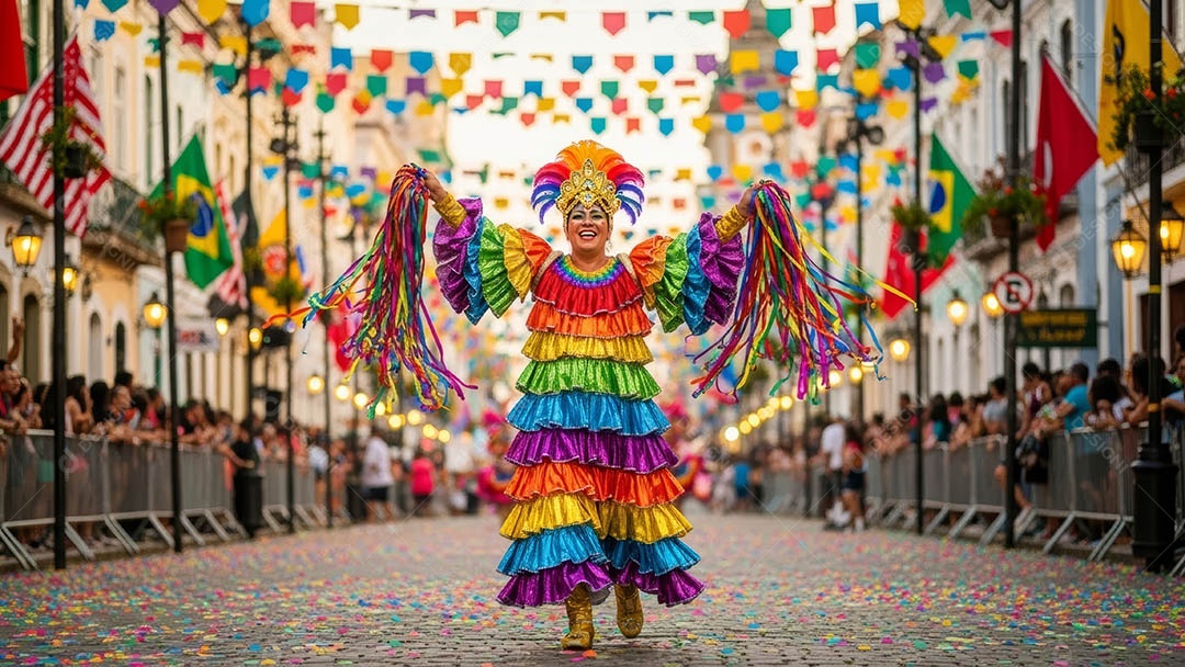 Um desfile de pessoas com trajes coloridos sob festival de carnaval.