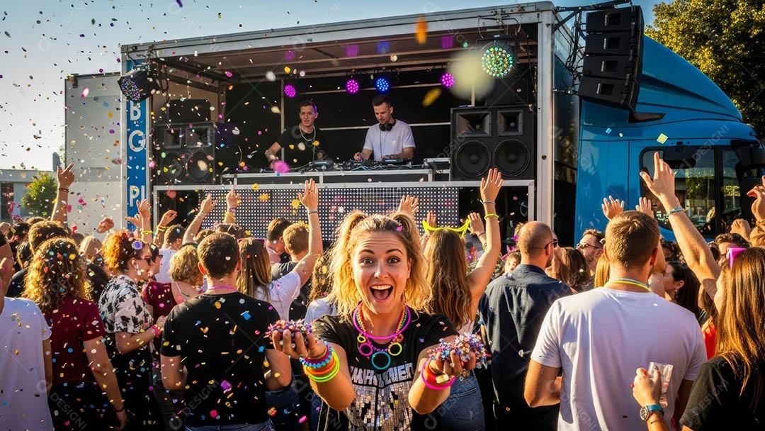 Pessoas em um festival celebrando com confetes e fogos de artifício sparklers ao fundo.