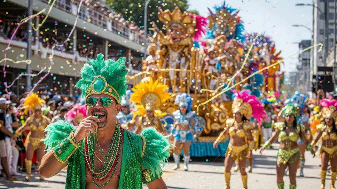 Um desfile de pessoas com trajes coloridos sob festival de carnaval.