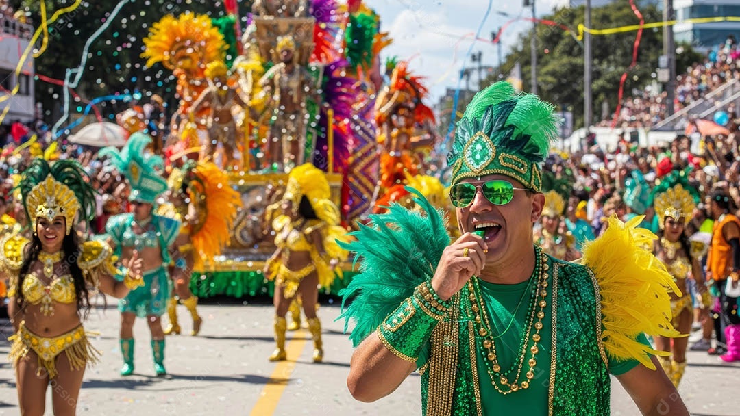 Um desfile de pessoas com trajes coloridos sob festival de carnaval.