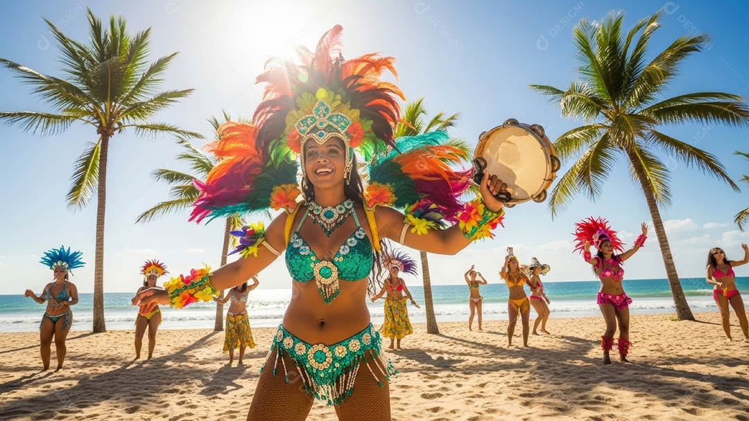 Um desfile de pessoas com trajes coloridos sob festival de carnaval.