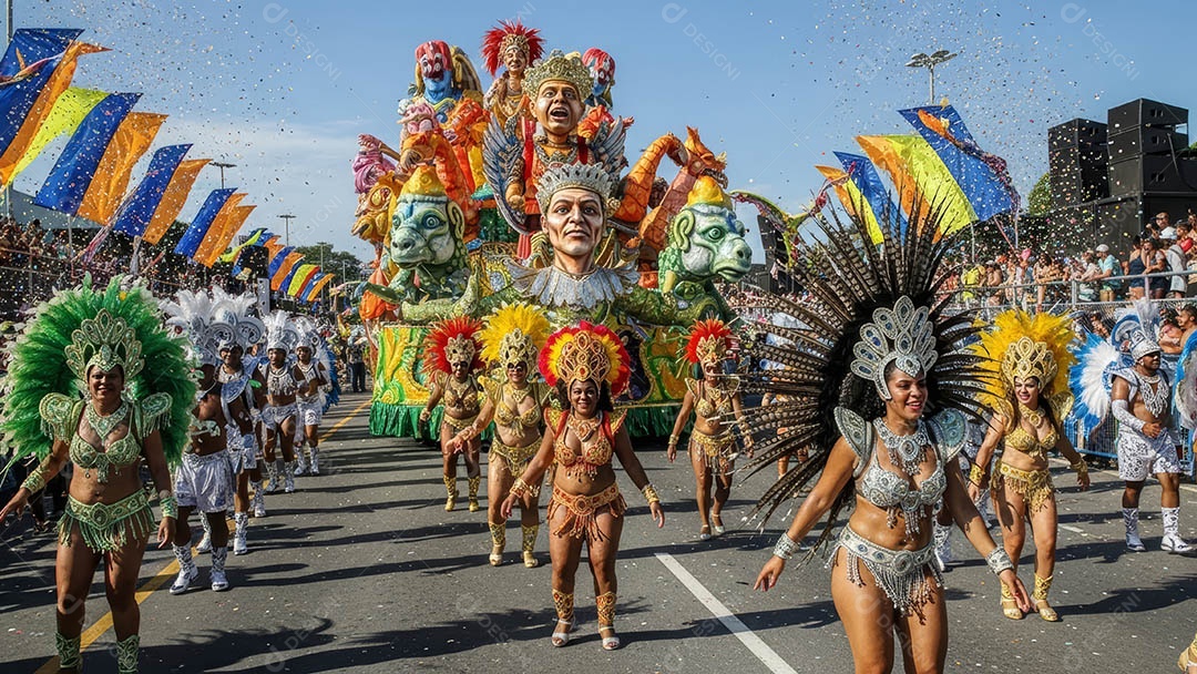 Um desfile de pessoas com trajes coloridos sob festival de carnaval.