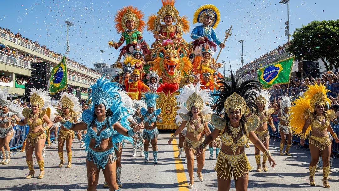 Um desfile de pessoas com trajes coloridos sob festival de carnaval.