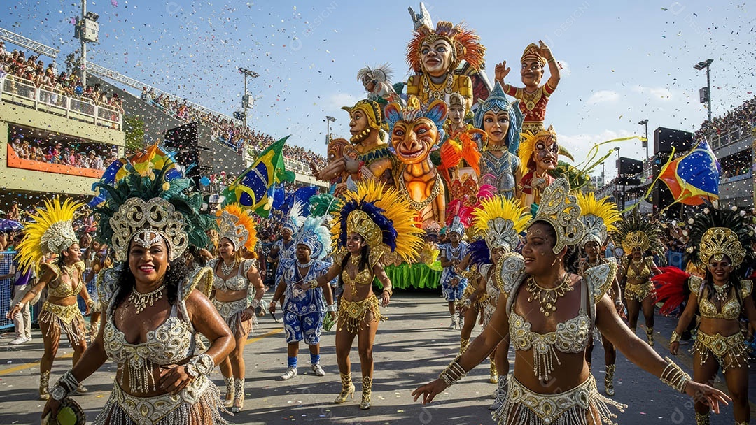 Um desfile de pessoas com trajes coloridos sob festival de carnaval.