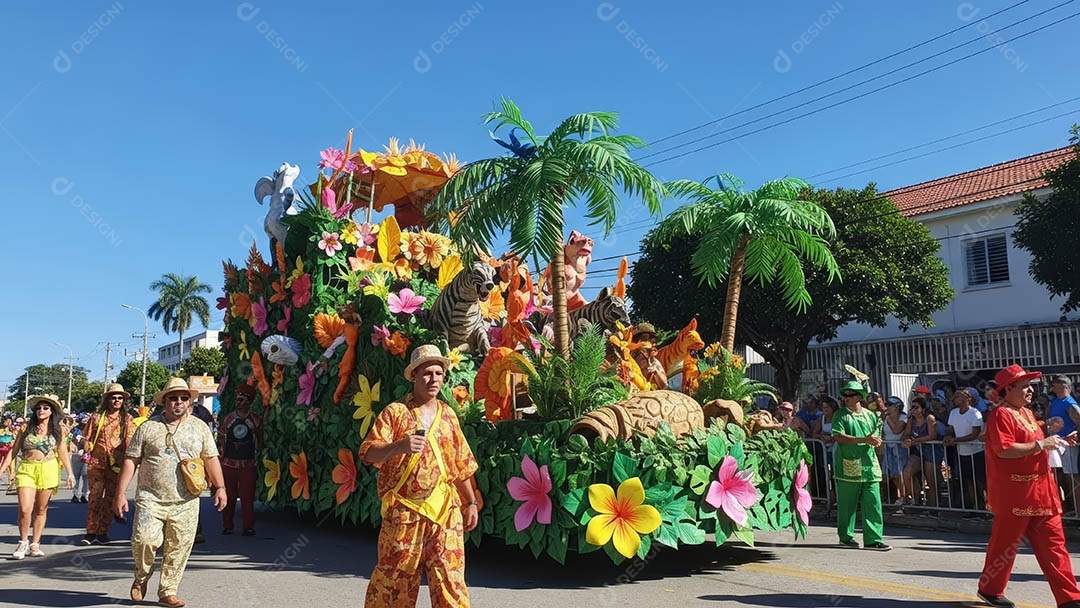 Um desfile de pessoas com trajes coloridos sob festival de carnaval.
