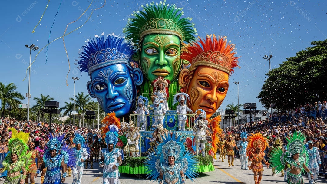 Um desfile de pessoas com trajes coloridos sob festival de carnaval.