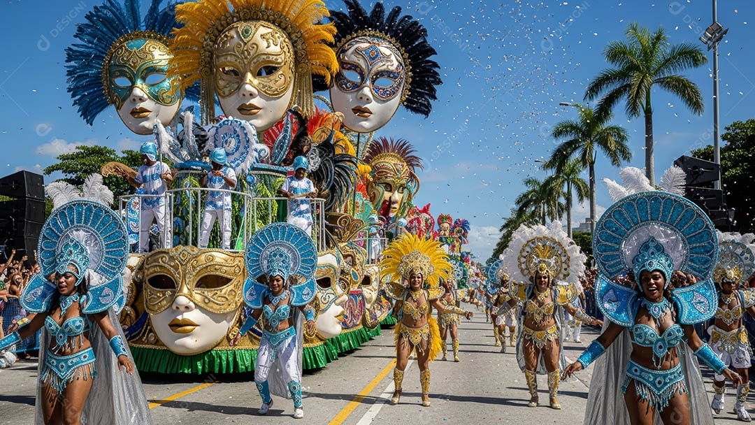 Um desfile de pessoas com trajes coloridos sob festival de carnaval.