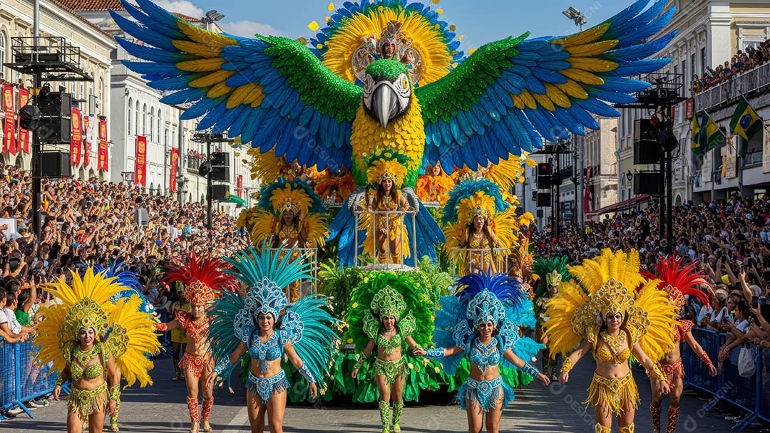 Um desfile de pessoas com trajes coloridos sob festival de carnaval.
