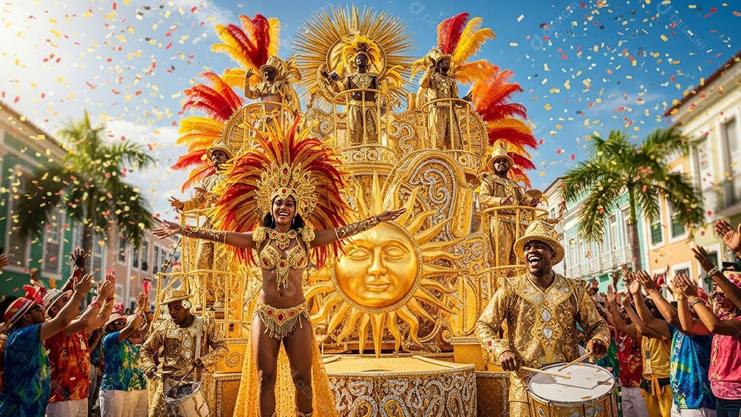 Pessoas em um festival celebrando com confetes e fogos de artifício sparklers ao fundo.