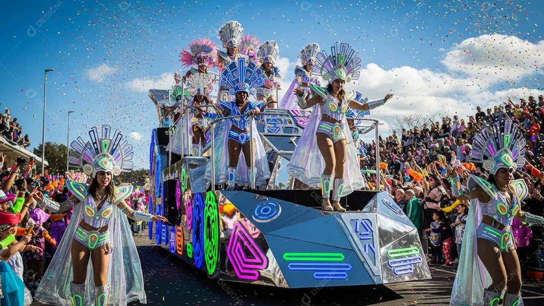 Um desfile de pessoas com trajes coloridos sob festival de carnaval.