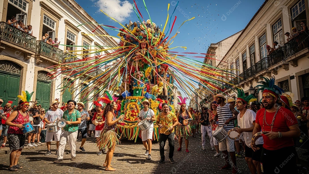 Um desfile de pessoas com trajes coloridos sob festival de carnaval.