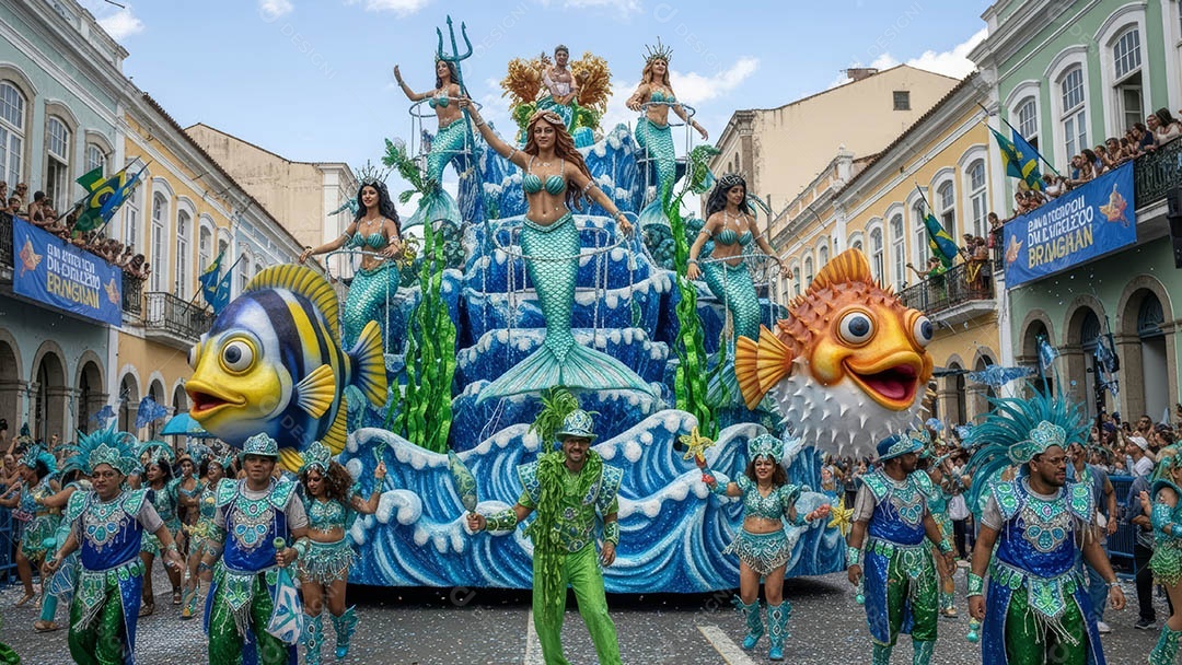 Um desfile de pessoas com trajes coloridos sob festival de carnaval.