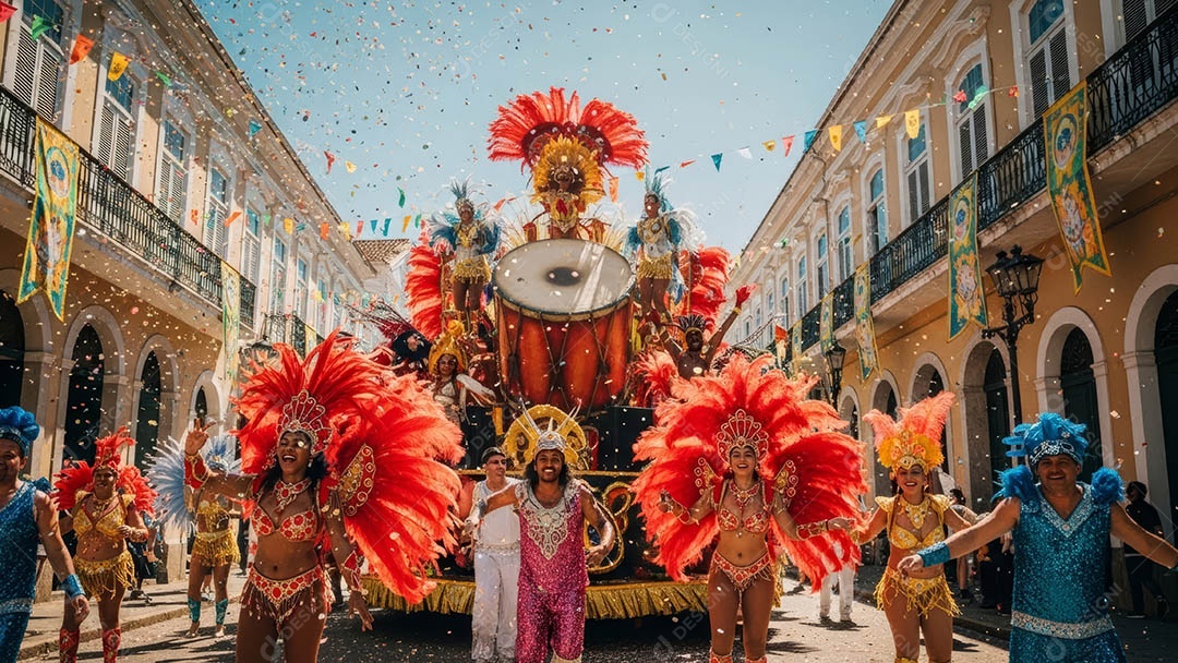 Um desfile de pessoas com trajes coloridos sob festival de carnaval.