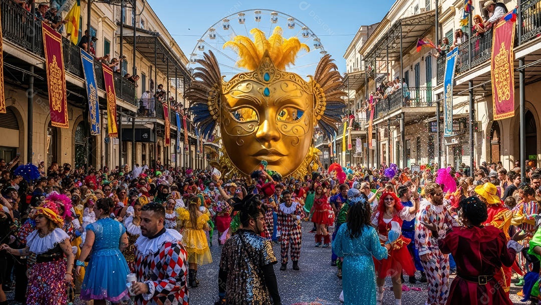 Um desfile de pessoas com trajes coloridos sob festival de carnaval.