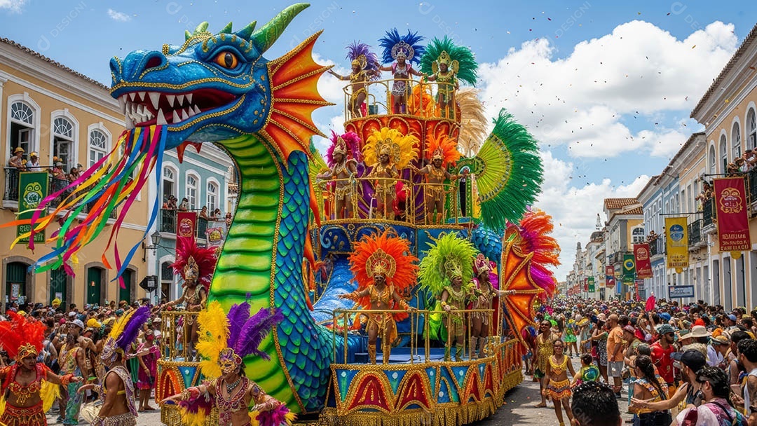 Um desfile de pessoas com trajes coloridos sob festival de carnaval.