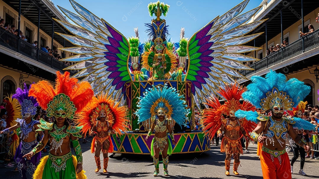 Um desfile de pessoas com trajes coloridos sob festival de carnaval.