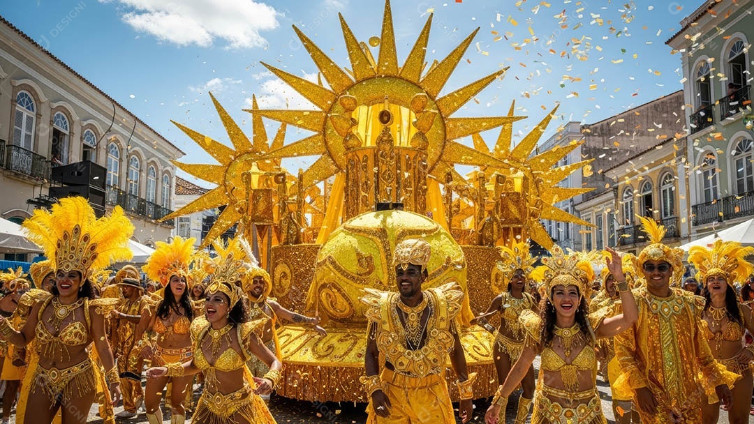 Um desfile de pessoas com trajes coloridos sob festival de carnaval.