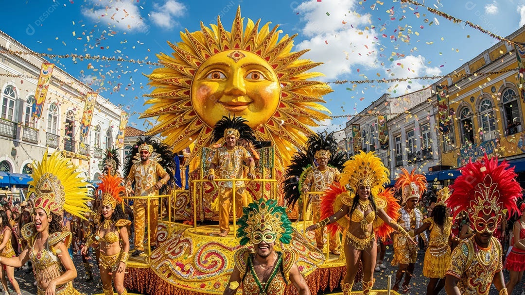 Pessoas em um festival celebrando com confetes e fogos de artifício sparklers ao fundo.