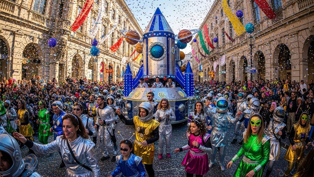 Um desfile de pessoas com trajes coloridos sob festival de carnaval.