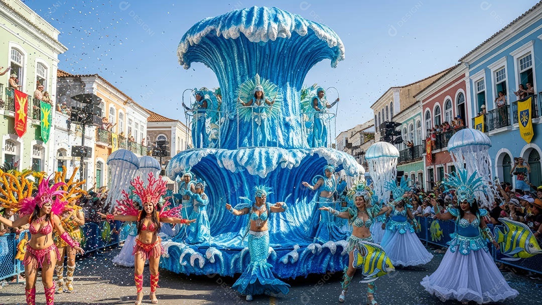 Um desfile de pessoas com trajes coloridos sob festival de carnaval.